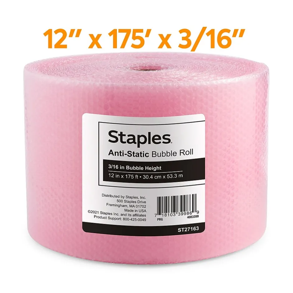 Staples 3/16" Antistatic UPS Approved Bubble Roll, Anti-Static, 12" x 175' (4072825)* Bubble Rolls