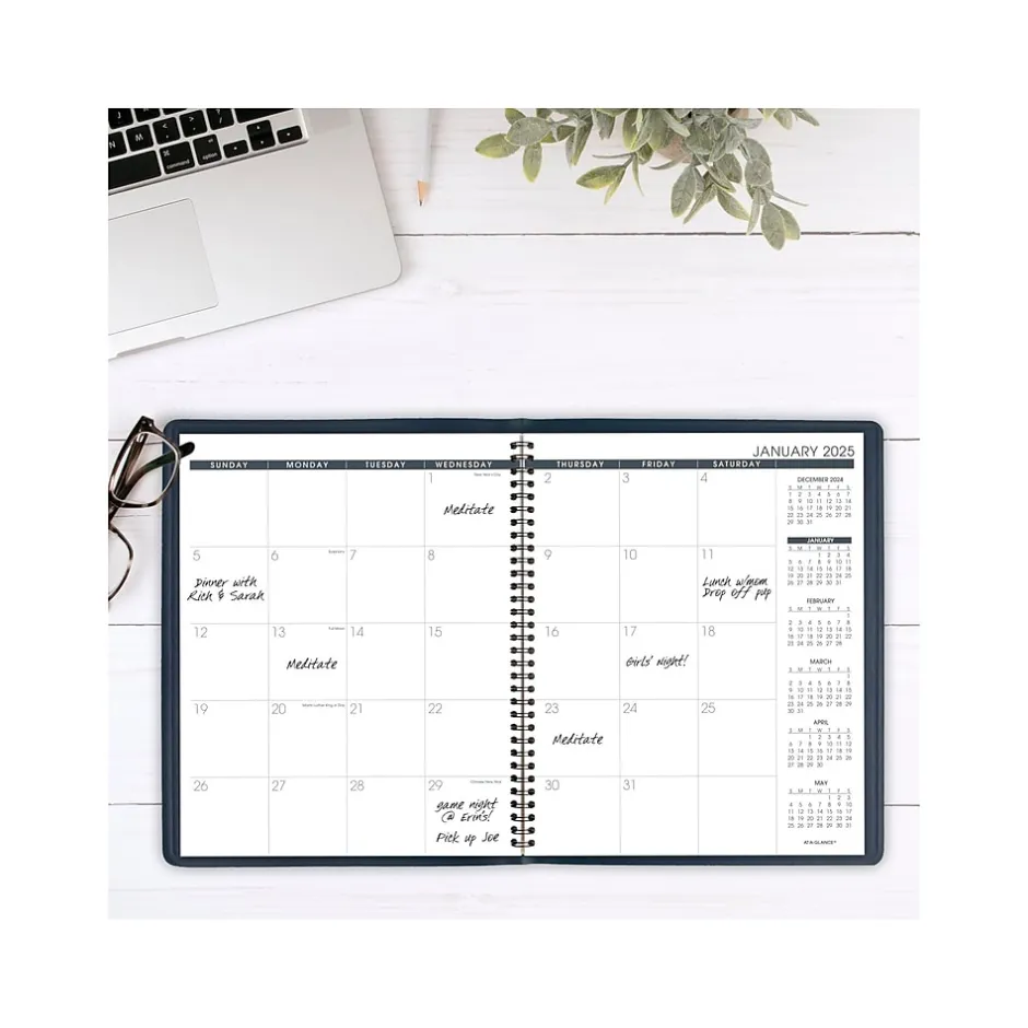 AT-A-GLANCE 2025 9" x 11" Calendar Year/Monthly Planner, Faux Leather Cover, Navy (70-260-20-25) Clearance