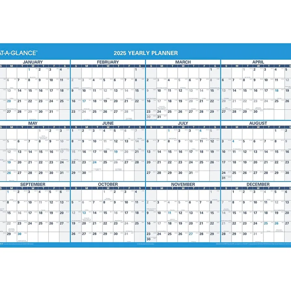 AT-A-GLANCE 2025 48" x 32" Yearly Dry Erase Wall Calendar, Reversible, White/Blue (PM300-28-25) Outlet