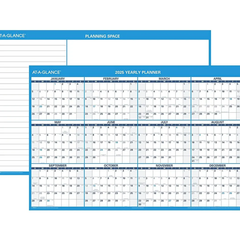 AT-A-GLANCE 2025 48" x 32" Yearly Dry Erase Wall Calendar, Reversible, White/Blue (PM300-28-25) Outlet