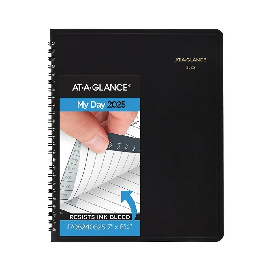 AT-A-GLANCE 2025 24-Hour 7" x 8.75" Daily Appointment Book Planner, Faux Leather Cover, Black (70-824-05-25)