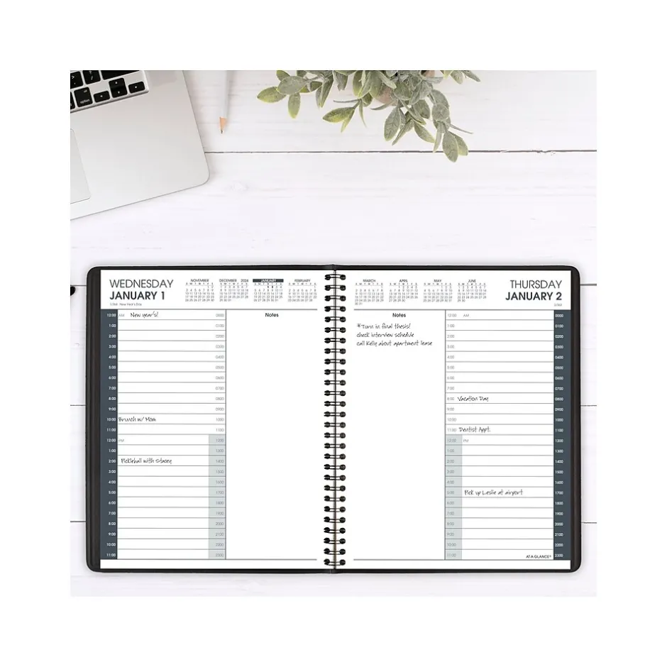 AT-A-GLANCE 2025 24-Hour 7" x 8.75" Daily Appointment Book Planner, Faux Leather Cover, Black (70-824-05-25)