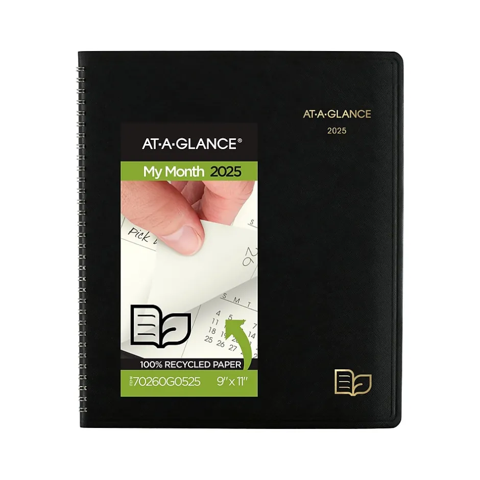 AT-A-GLANCE 2025 Recycled 9" x 11" Monthly Planner, Faux Leather Cover, Black (70-260G-05-25) Clearance