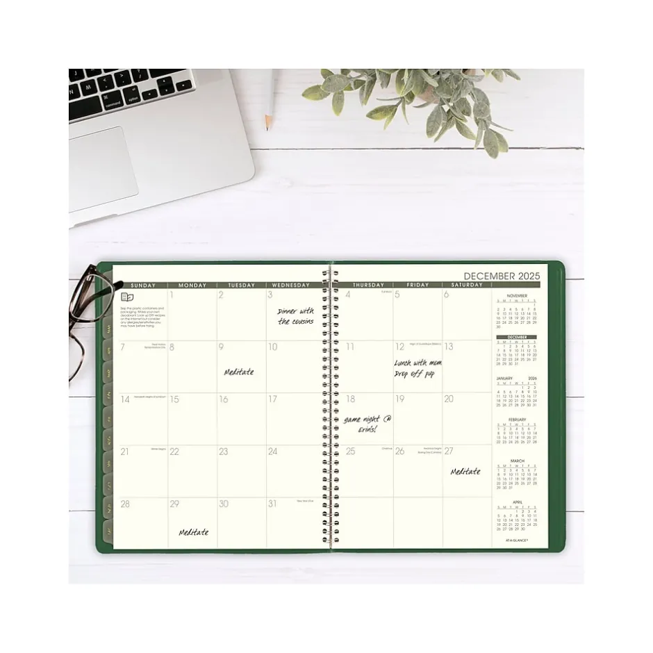 AT-A-GLANCE 2025 Recycled 8.25" x 11" Weekly & Monthly Appointment Book, Faux Leather Cover, Green (70-950G-60-25)