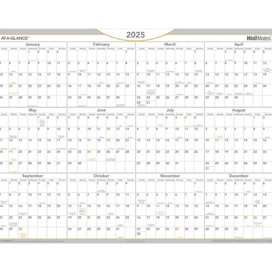 AT-A-GLANCE 2025 WallMates 24" x 18" Yearly Dry-Erase Wall Calendar, White/Gray (AW5060-28-25) Best