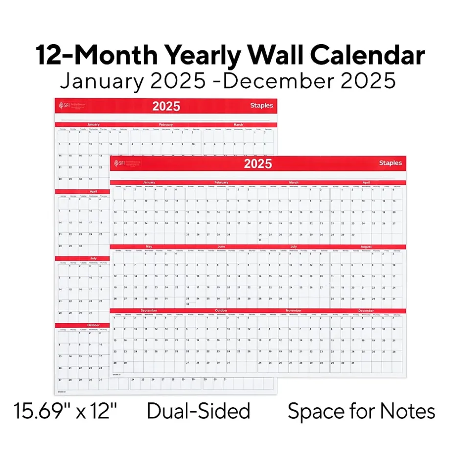 Staples 2025 15.69" x 12" Dry Erase Wall Calendar, Red/White (ST53905-25) Best