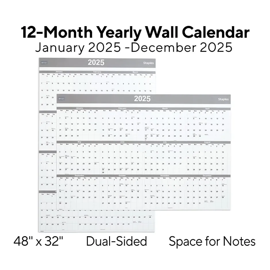 Staples 2025 48" x 32" Dry Erase Wall Calendar, Gray/White (ST58450-25) Sale