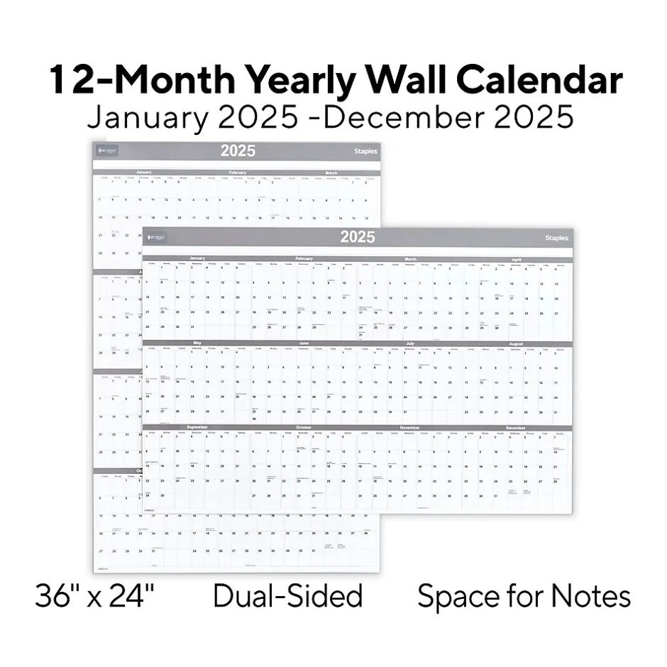 Staples 2025 36" x 24" Dry Erase Wall Calendar, Gray/White (ST52079-25) Hot