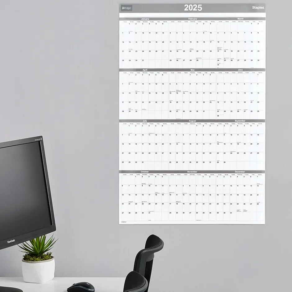Staples 2025 36" x 24" Dry Erase Wall Calendar, Gray/White (ST52079-25) Hot