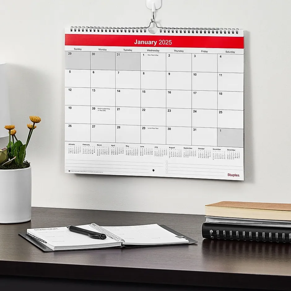 Staples 2025 15" x 12" Wall Calendar, Red/White (ST52080-25) New