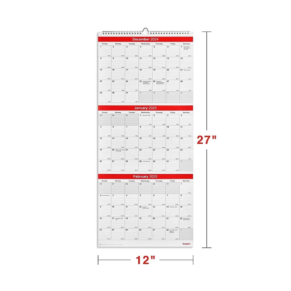 Staples 2025 12" x 27" Wall Calendar, Red/White (ST53920-25) Best