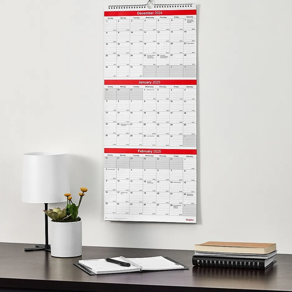 Staples 2025 12" x 27" Wall Calendar, Red/White (ST53920-25) Best