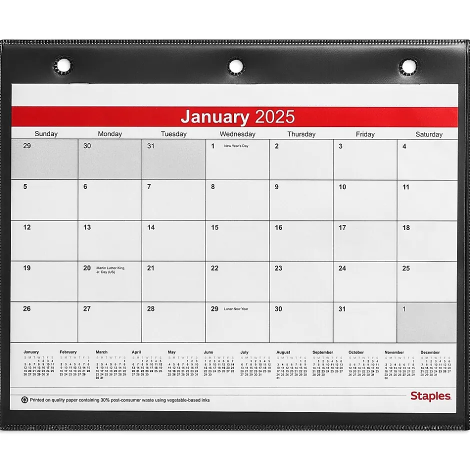 Staples 2025 11" x 8" Wall Calendar, White/Black (ST12949-25) New