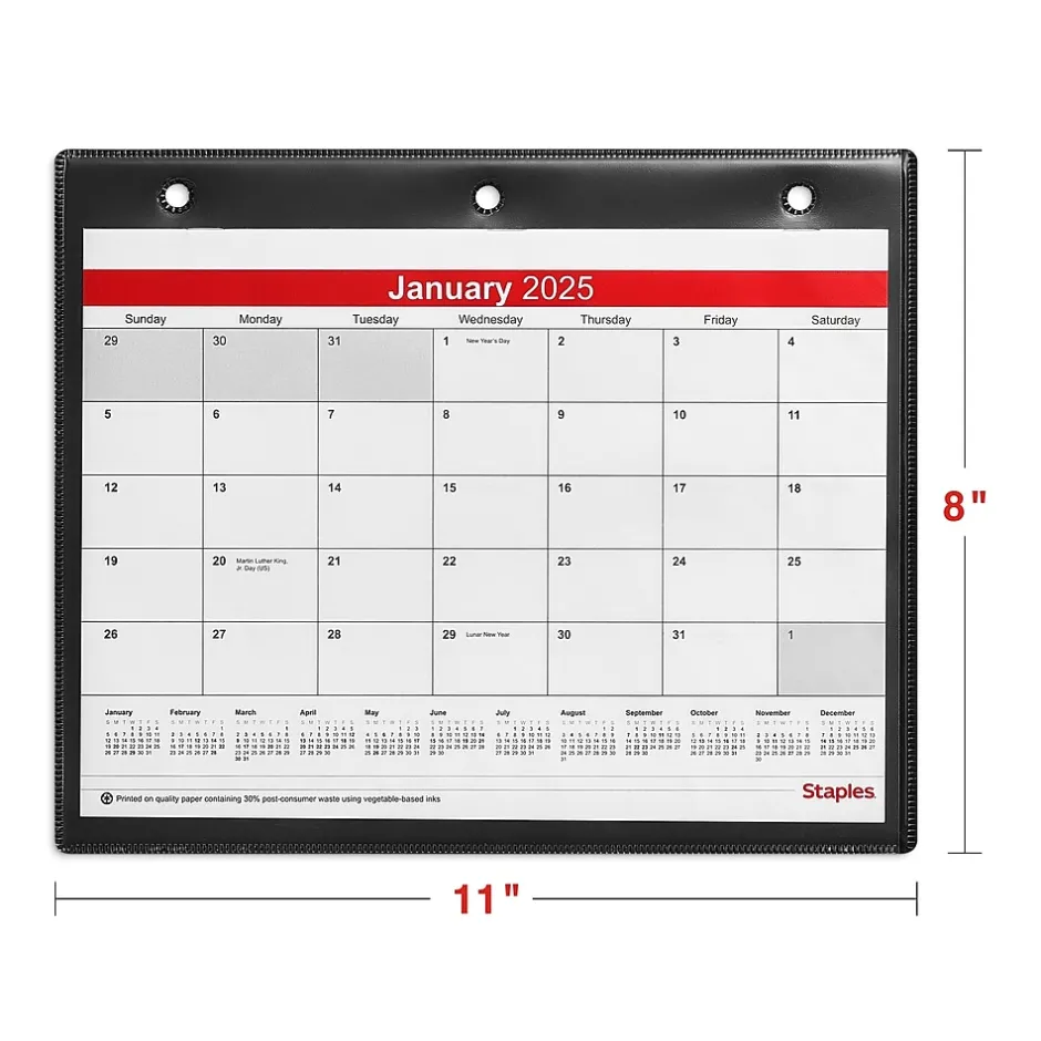 Staples 2025 11" x 8" Wall Calendar, White/Black (ST12949-25) New