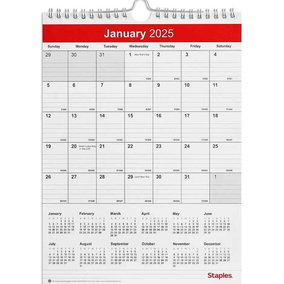 Staples 2025 8" x 11" Wall Calendar, Red/White (ST53922-25) Hot