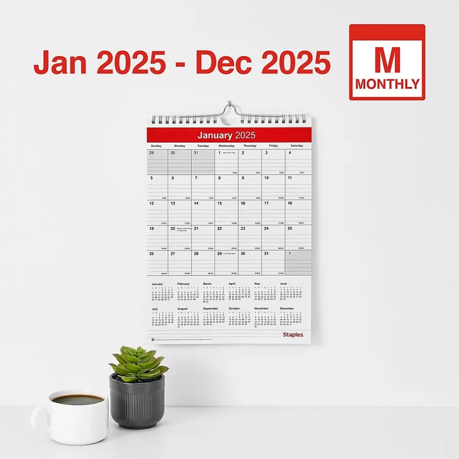 Staples 2025 8" x 11" Wall Calendar, Red/White (ST53922-25) Hot