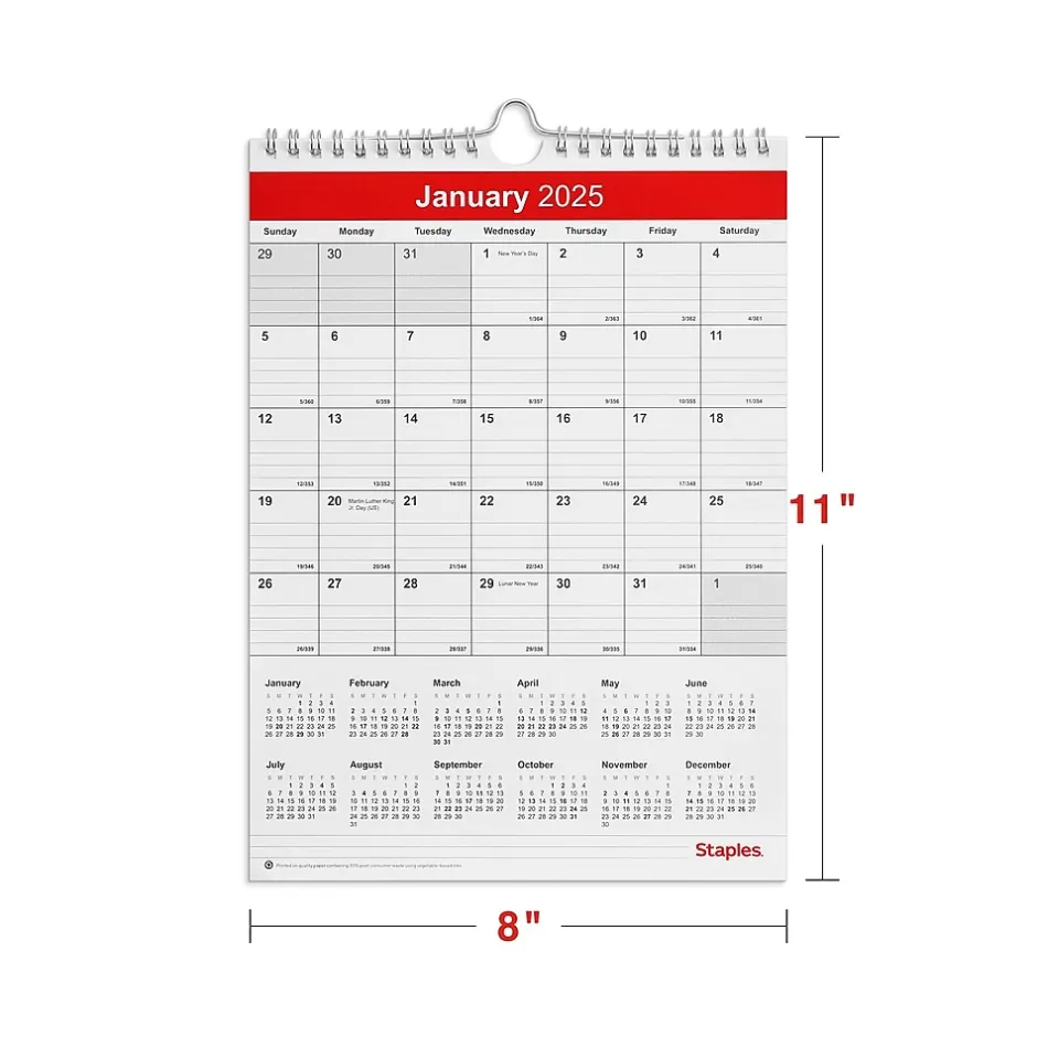 Staples 2025 8" x 11" Wall Calendar, Red/White (ST53922-25) Hot