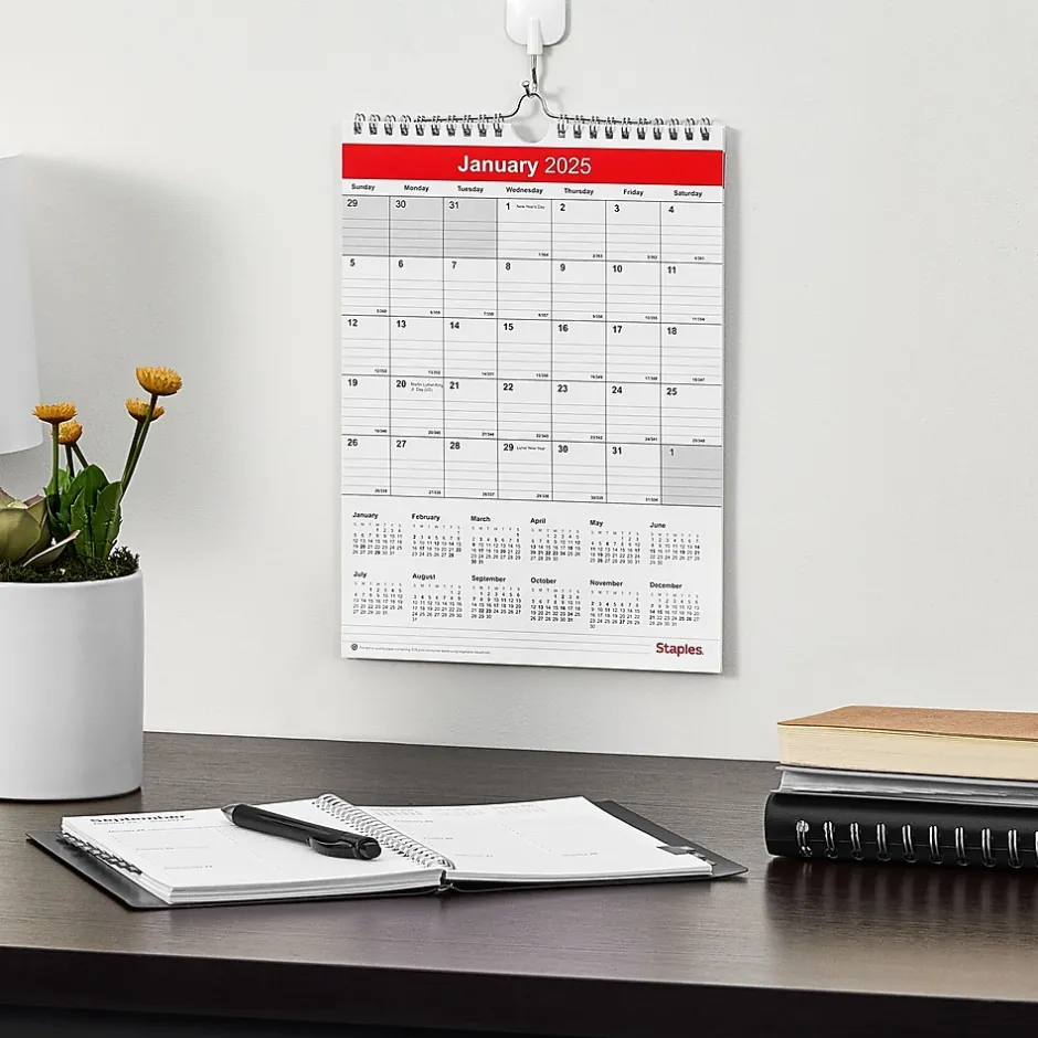 Staples 2025 8" x 11" Wall Calendar, Red/White (ST53922-25) Hot