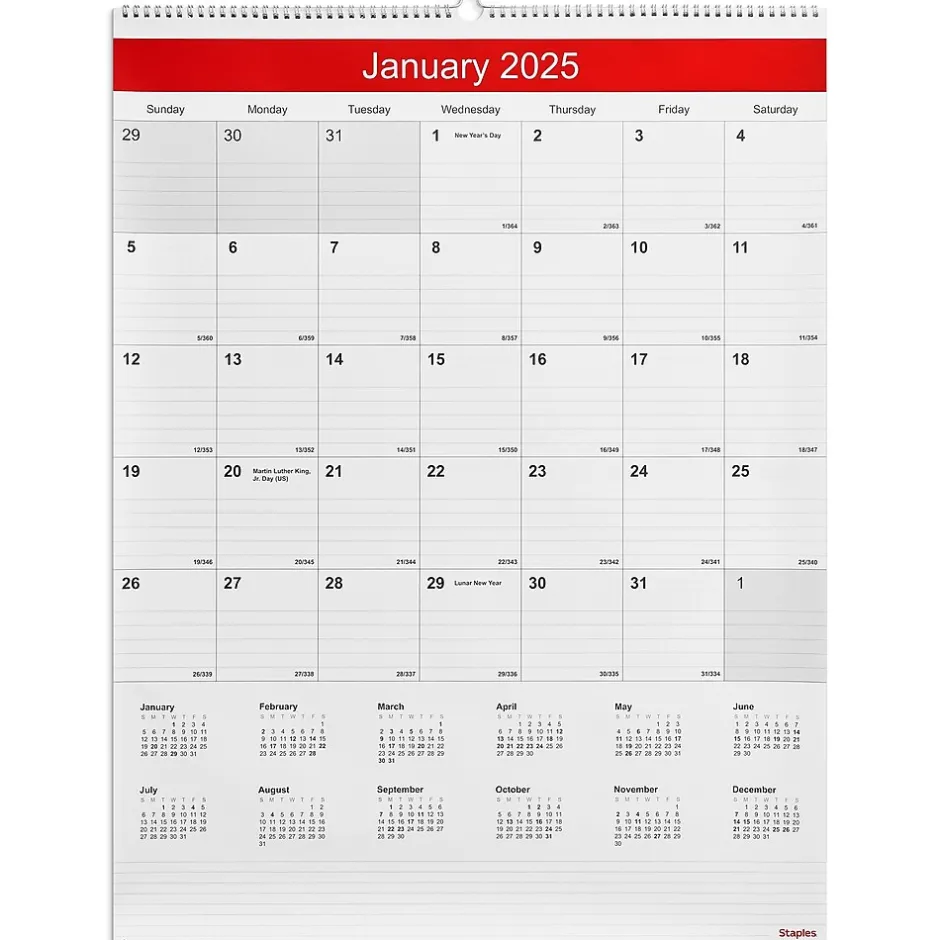 Staples 2025 22" x 29" Wall Calendar, White/Red (ST53914-25) Best