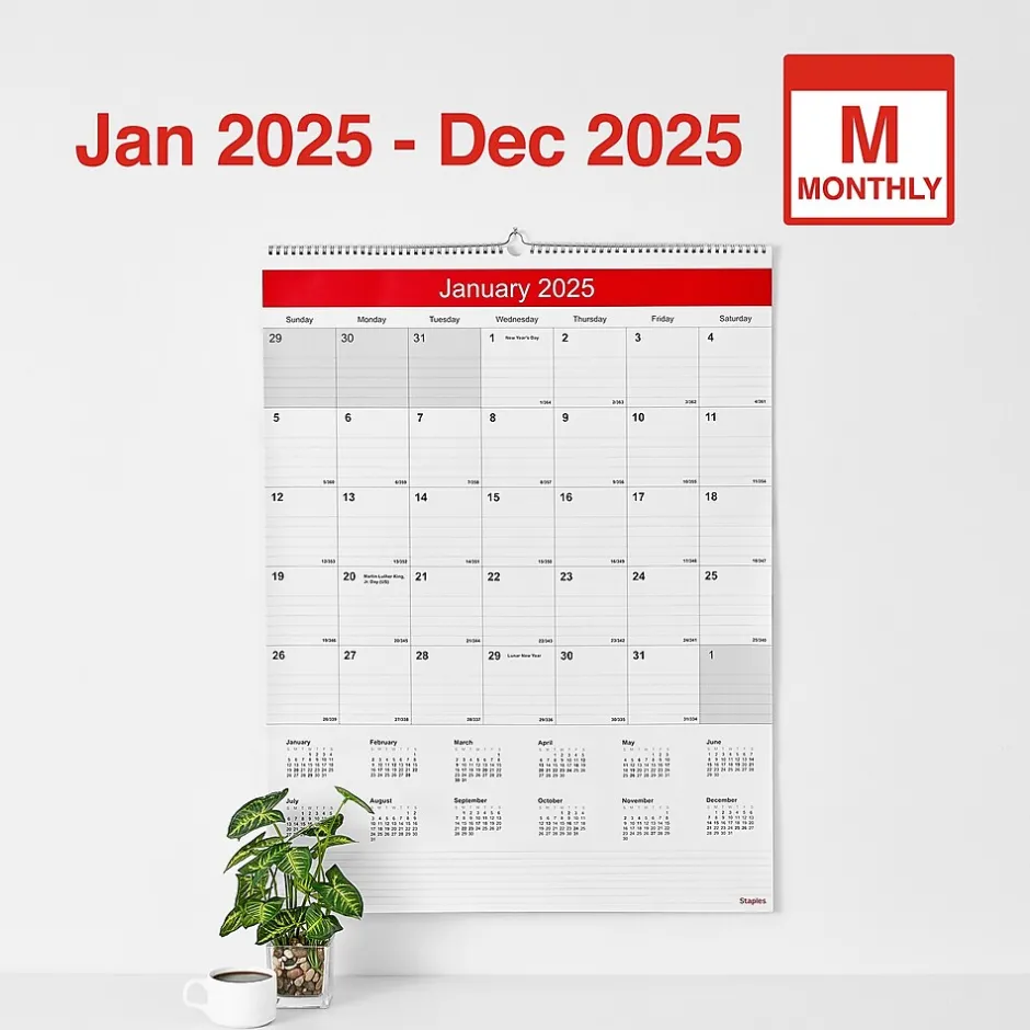 Staples 2025 22" x 29" Wall Calendar, White/Red (ST53914-25) Best