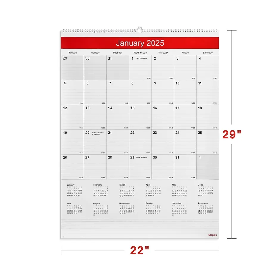 Staples 2025 22" x 29" Wall Calendar, White/Red (ST53914-25) Best