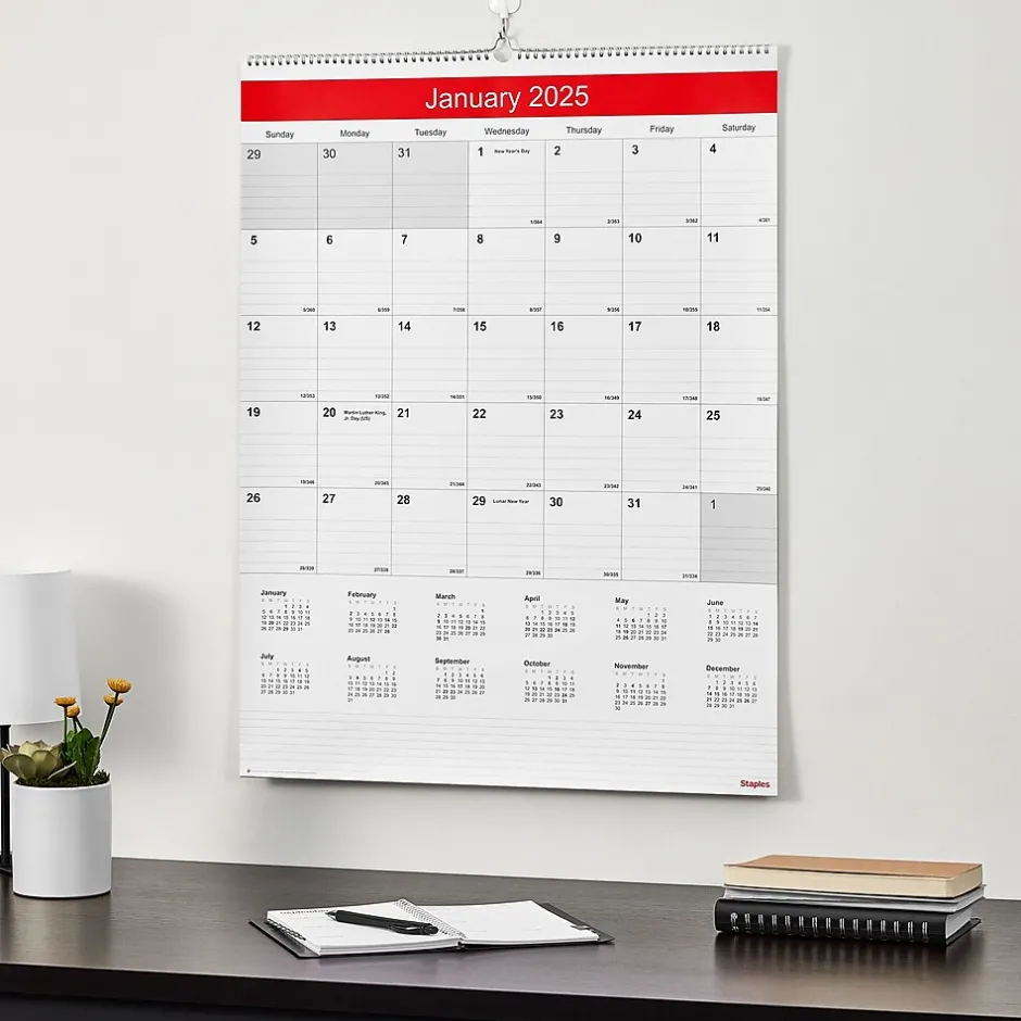 Staples 2025 22" x 29" Wall Calendar, White/Red (ST53914-25) Best
