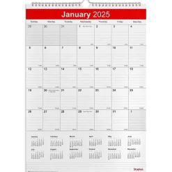 Staples 2025 12" x 17" Wall Calendar, White/Red (ST53913-25) Discount