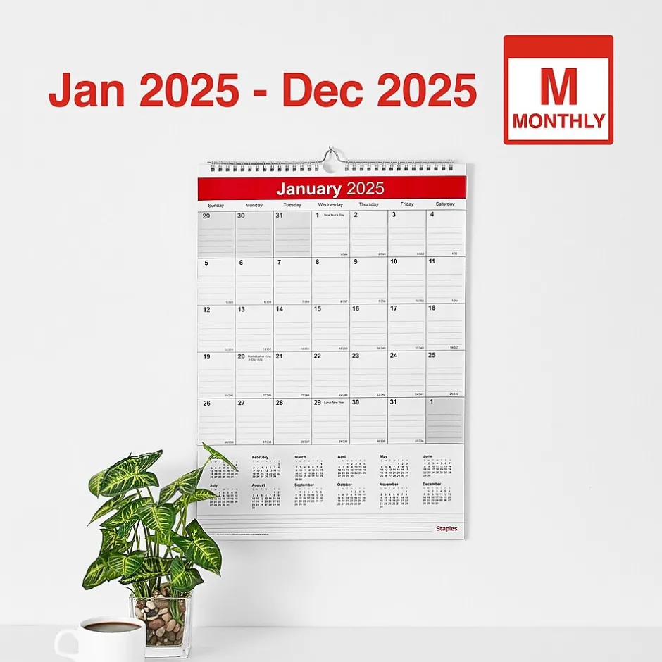 Staples 2025 12" x 17" Wall Calendar, White/Red (ST53913-25) Discount