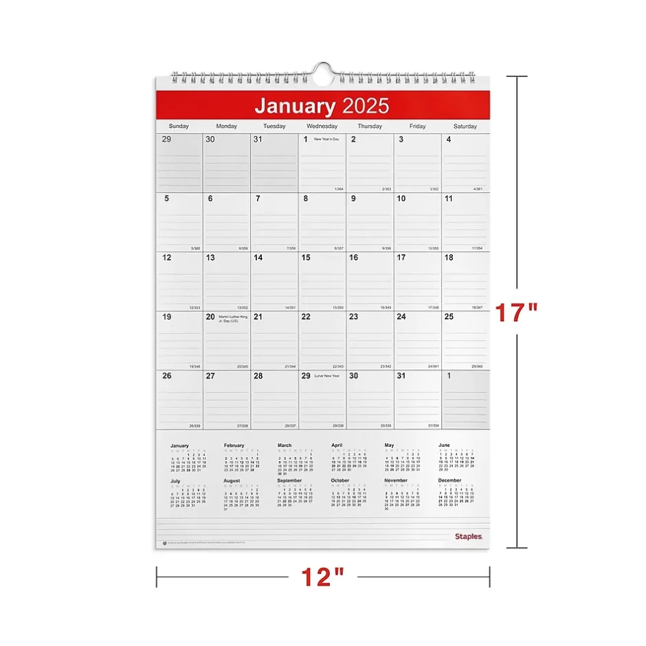 Staples 2025 12" x 17" Wall Calendar, White/Red (ST53913-25) Discount