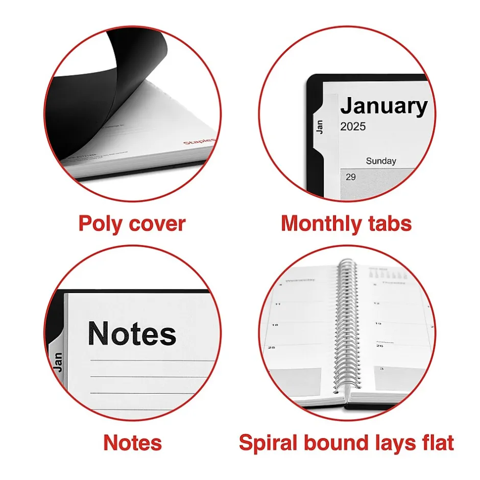 Staples 2025 8" x 11" Weekly & Monthly Appointment Book, Plastic Cover, Black (ST21488-25) New