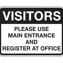 Social Distance Signage<Accuform 18" x 24" Reflective Aluminum Facility Traffic Sign "VISITORS..", Black On White (FRR288RA)