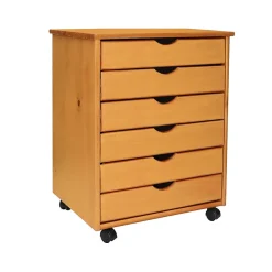 New 25.43" Solid Pine Roll Cart with 6 Drawers, Medium Pine (76152) Storage Cabinets
