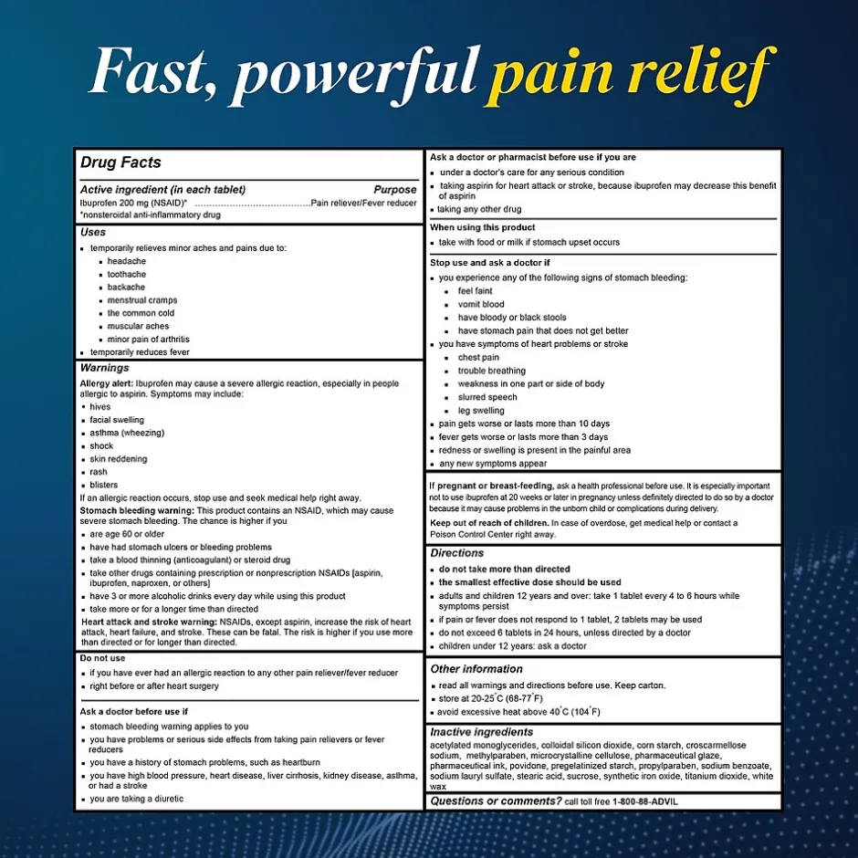 Advil Ibuprofen Pain Reliever/Fever Reducer, 200mg, 100/Box (015040)