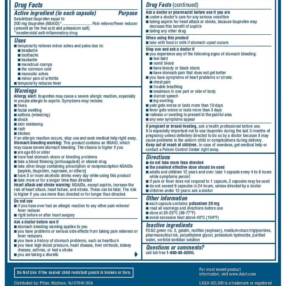 Advil Liqui-Gels Pain Reliever/Fever Reducer, Solubilized Ibuprofen 200mg, 2/Packet, 50 Packets/Box (016902)