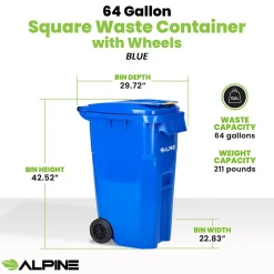 Alpine Industries 500 Series Plastic Outdoor Trash Can, 64 Gallon, Blue (ALP500-64-BLU)