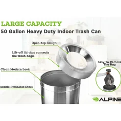 Alpine Industries Commercial Indoor Trash Can, 50 Gallon, Stainless Steel (475-50)