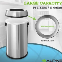 Alpine Industries Commercial Indoor Single-Stream Recycling Station, 17-Gallon, Stainless Steel (ALP470-65L-R)