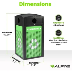 Alpine Industries GS Series Steel Recycling Bin, 40 Gallon, Green (ALP471-40-GS-C)