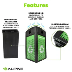 Alpine Industries GS Series Steel Recycling Bin, 40 Gallon, Green (ALP471-40-GS-C)