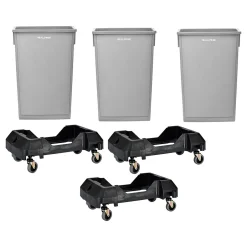 Alpine Industries Polypropylene Commercial Indoor Trash Can with Dolly, 23-Gallon, Gray, 3/Pack (ALP477-GRY-3PKD)