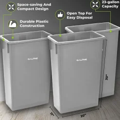 Alpine Industries Polypropylene Commercial Indoor Trash Can with Dolly, 23-Gallon, Gray, 3/Pack (ALP477-GRY-3PKD)