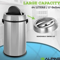 Alpine Industries Stainless Steel Trash Can with Swing Lid, 17-Gallon (ALP470-65L-1)