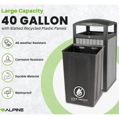Alpine Industries Steel Outdoor Trash Can with Dome Lid, 40 Gallon, (ALP471-40-WD-GRY)