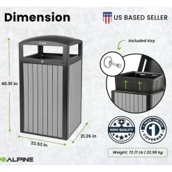 Alpine Industries Steel Outdoor Trash Can with Dome Lid, 40 Gallon, (ALP471-40-WD-GRY)