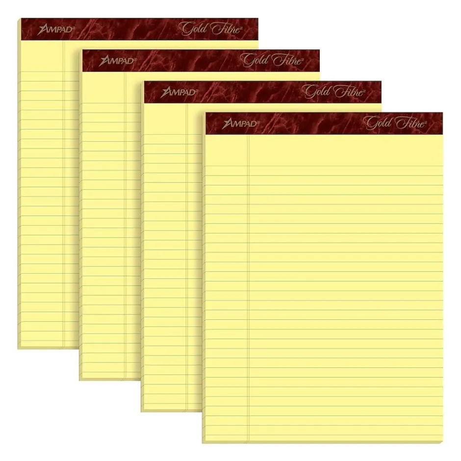 Ampad Gold Fibre Notepads, 8.5" x 11.75", Wide Ruled, Canary, 50 Sheets/Pad, 4 Pads/Pack (TOP20-032R) Clearance