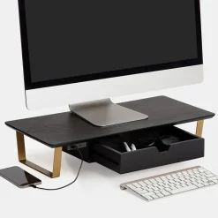 Anji Mountain Mango Wood & Metal Monitor Stand with Two USB Ports and Drawer, (MS-BLK-06GLD-PD)* Monitor Mounts & Stands