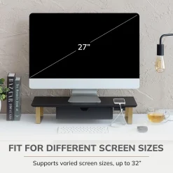 Anji Mountain Mango Wood & Metal Monitor Stand with Two USB Ports and Drawer, (MS-BLK-06GLD-PD)* Monitor Mounts & Stands