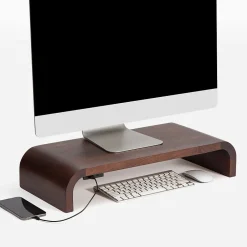 Anji Mountain Mango Wood Monitor Stand with Two USB Ports, Up to 32" Monitor, (MS-CRV-WAL-P)* Monitor Mounts & Stands