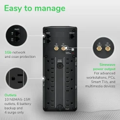 Battery Backup<APC Series 1000VA Battery Backup 10-Outlet UPS, Black (BR1000MS)