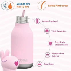 Water Bottles<ASOBU Bestie Bottle Bunny Vacuum Insulated Stainless Steel Water Bottle with Reusable Flexi Straw, 16 oz., Pink (SBV44BU)